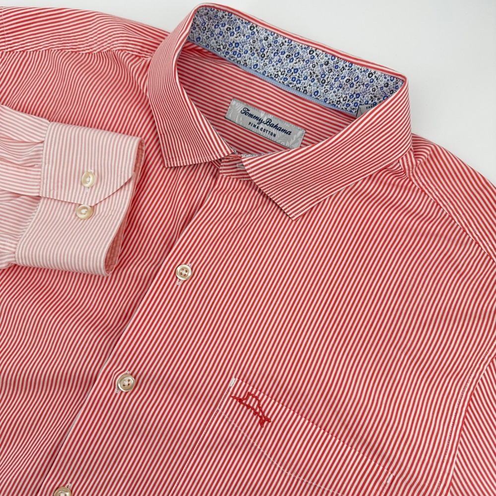 Tommy Bahama Button Down Shirt Mens XL Red White Striped Pima Cotton Long Sleeve